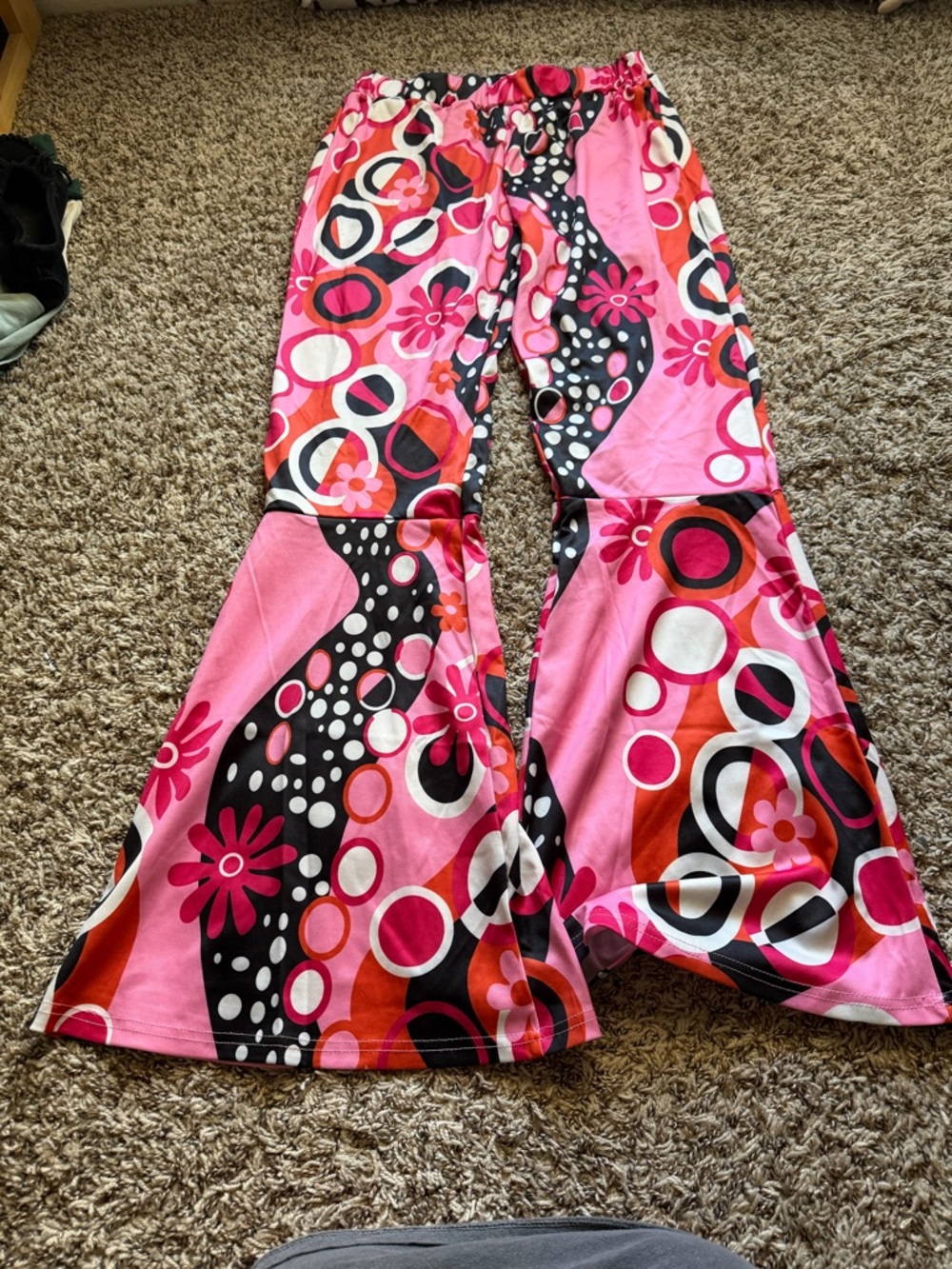 Retro Pink Floral & Circle Bell Bottom Pants - Picture 1 of 2